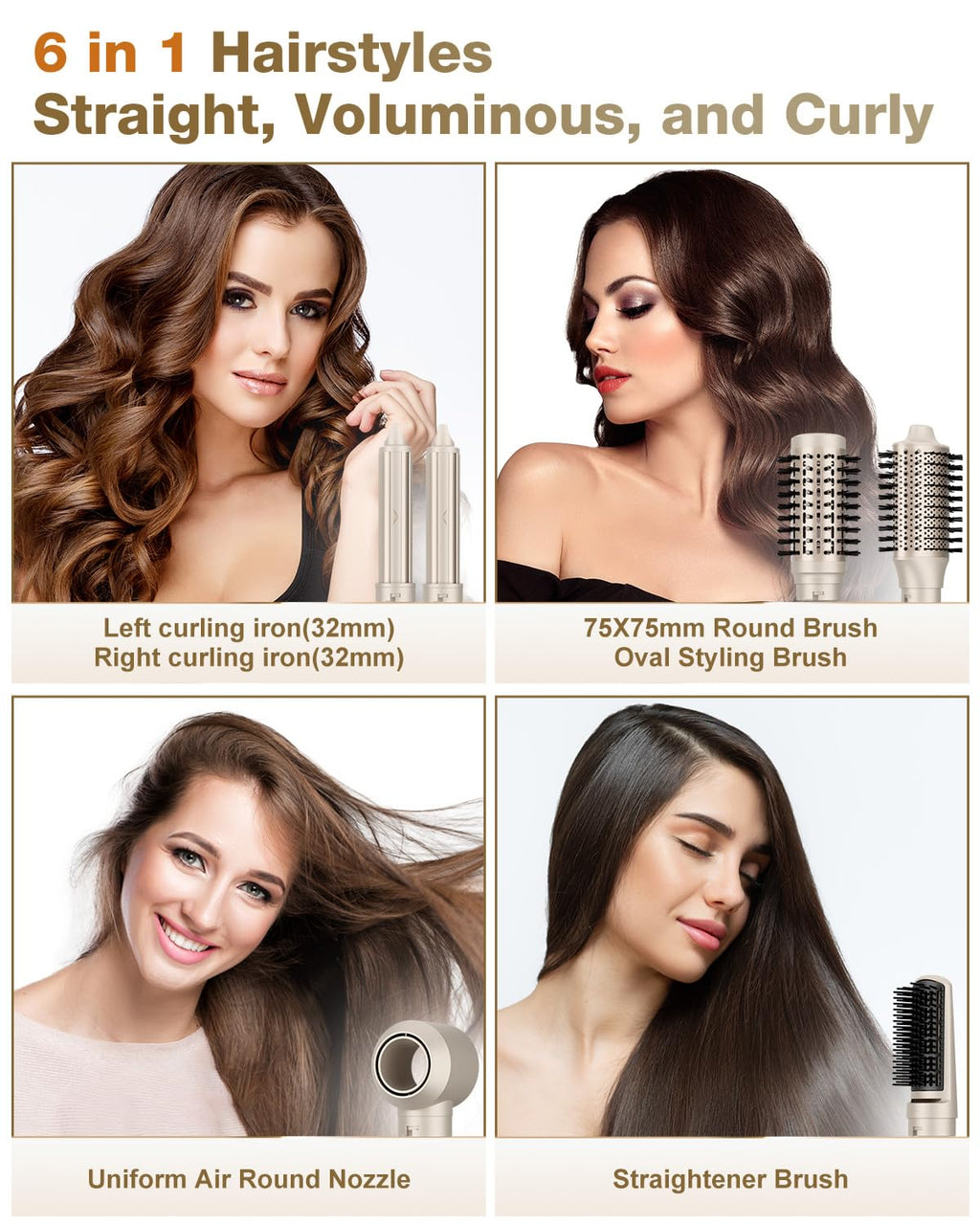 7MAGIC 6 in 1 Multi Hair Styler Dryer Brush, 110,000 RPM High-Speed, Negative Ionic, Fast Drying for Professional Blow Dry, Curling, Volumizing, Straightening and Styling, Gold